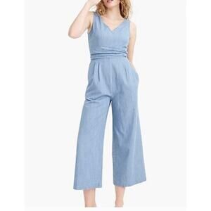 J. Crew Dark Matter Wrap Tie Chambray Wide Leg Cropped Jumpsuit